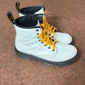 Dr. Martens‎ 1460 J White Leather Lace Up Side Zip Boots Womens 5 Yellow Laces